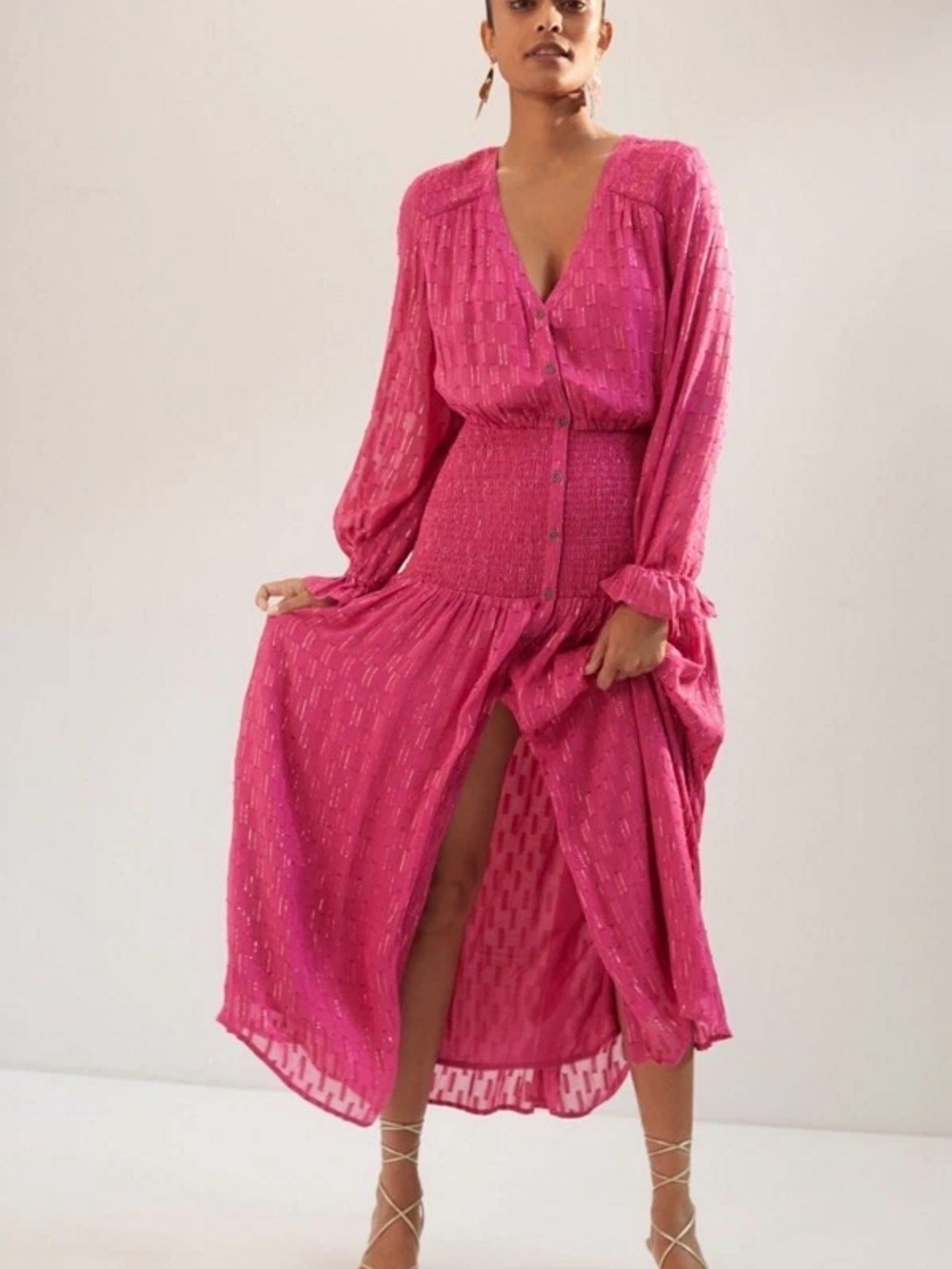 Anthropologie Smocked Maxi Dress Pink Flowy Beachy Boho Wedding Guest Women’s XS